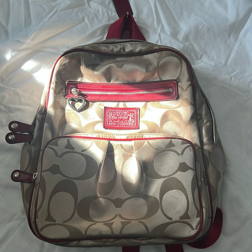 *USED* Vintage Coach Poppy Backpack red with jacquard “C”s.